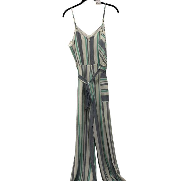 Romper, Striped, V-Neck, Monteau Los Angeles, L, Blue, White, Green, Barely Worn - Picture 2 of 3